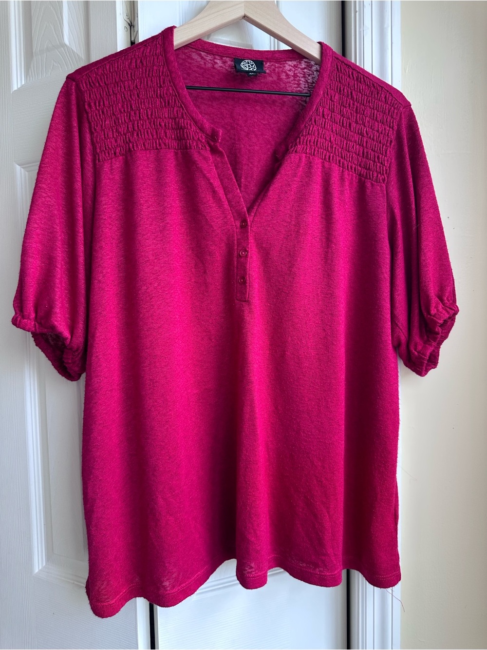 bobeau Ruby Red Smocked Yoke Henley Top